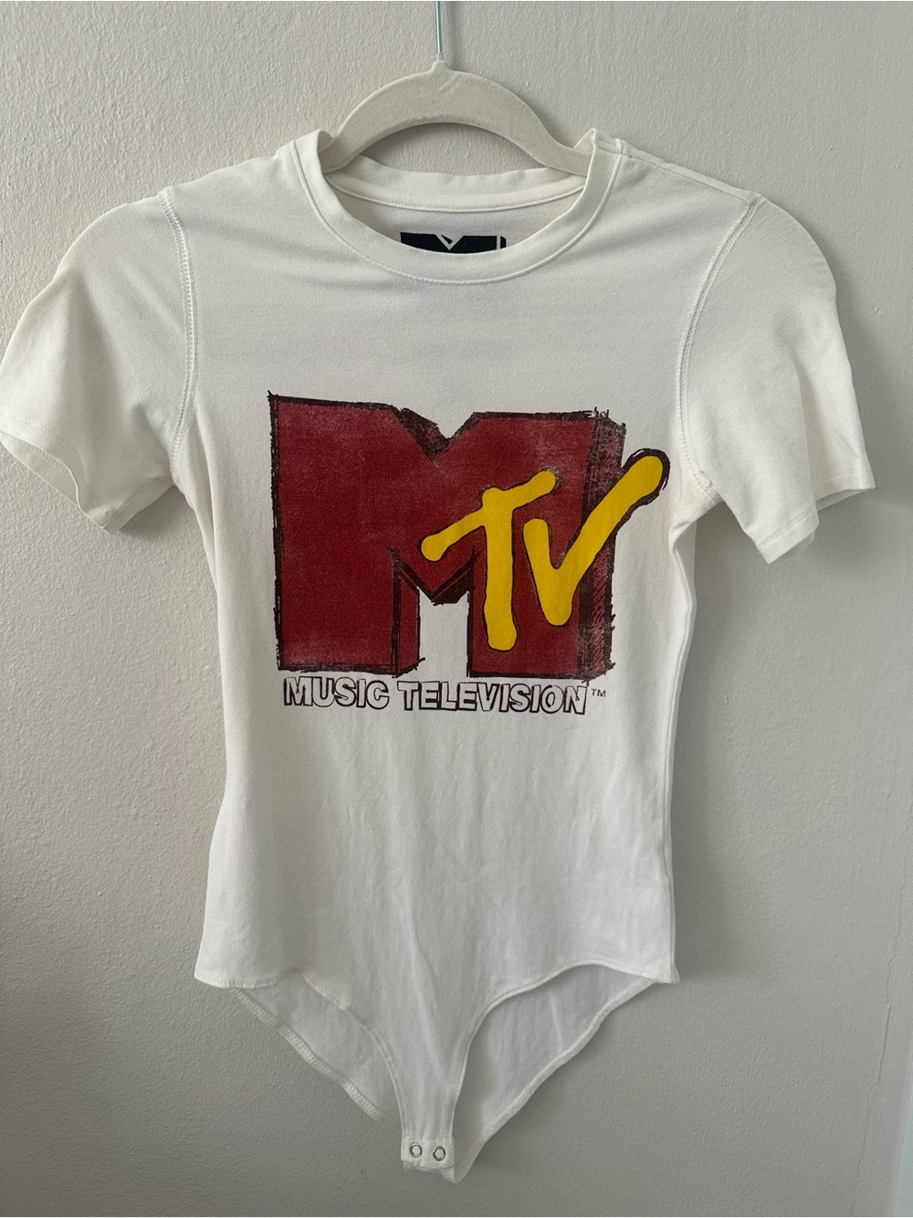 MTV White Bodysuit with Red Logo and Yellow TV Accent
